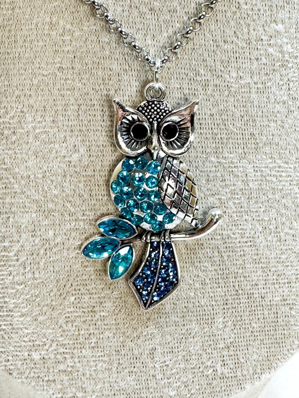 Silver Owl Pendant Necklace Blue Rhinestones Crystal Owl Necklace 2" N469